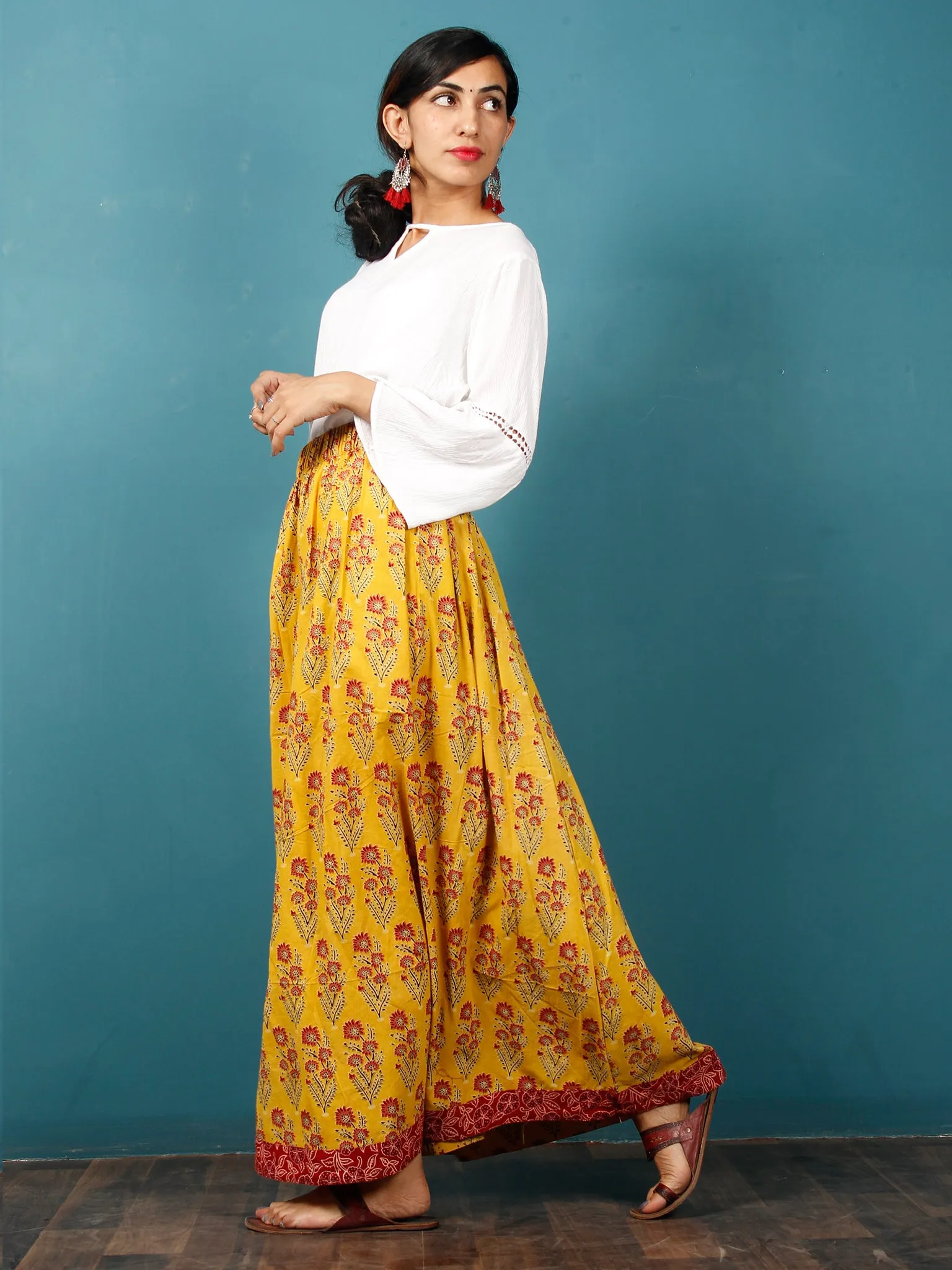 Yellow Red Maroon Black Hand Block Printed Skirt  - S40F623